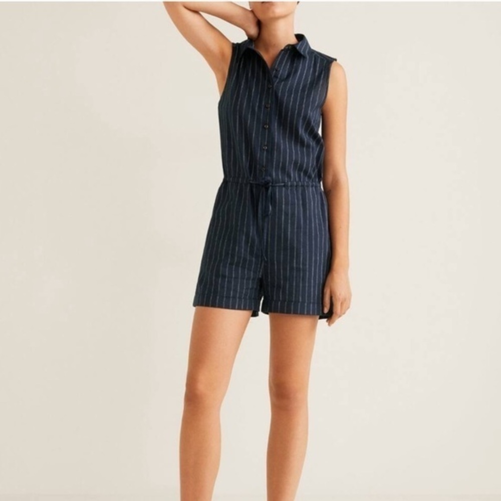 MANGO | WOMEN'S STRIPED ROMPER IN NAVY
